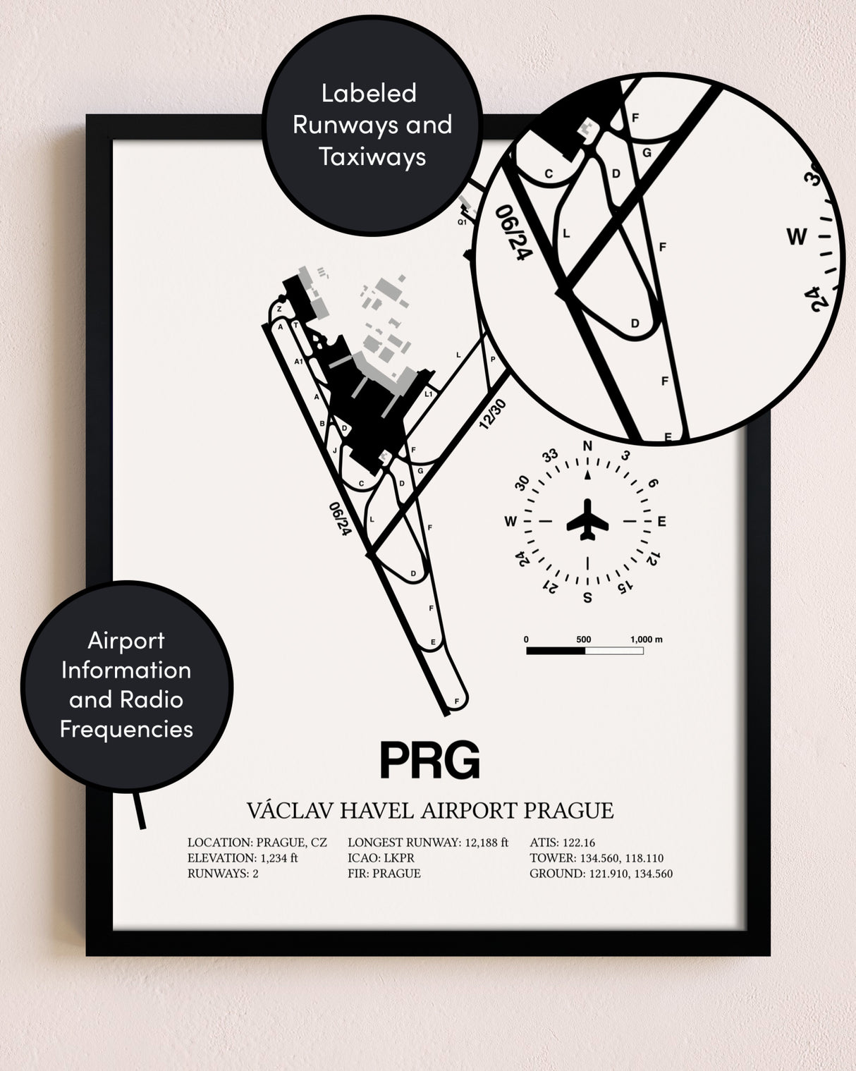 Framed Vaclav Havel Airport Prague layout wall art poster