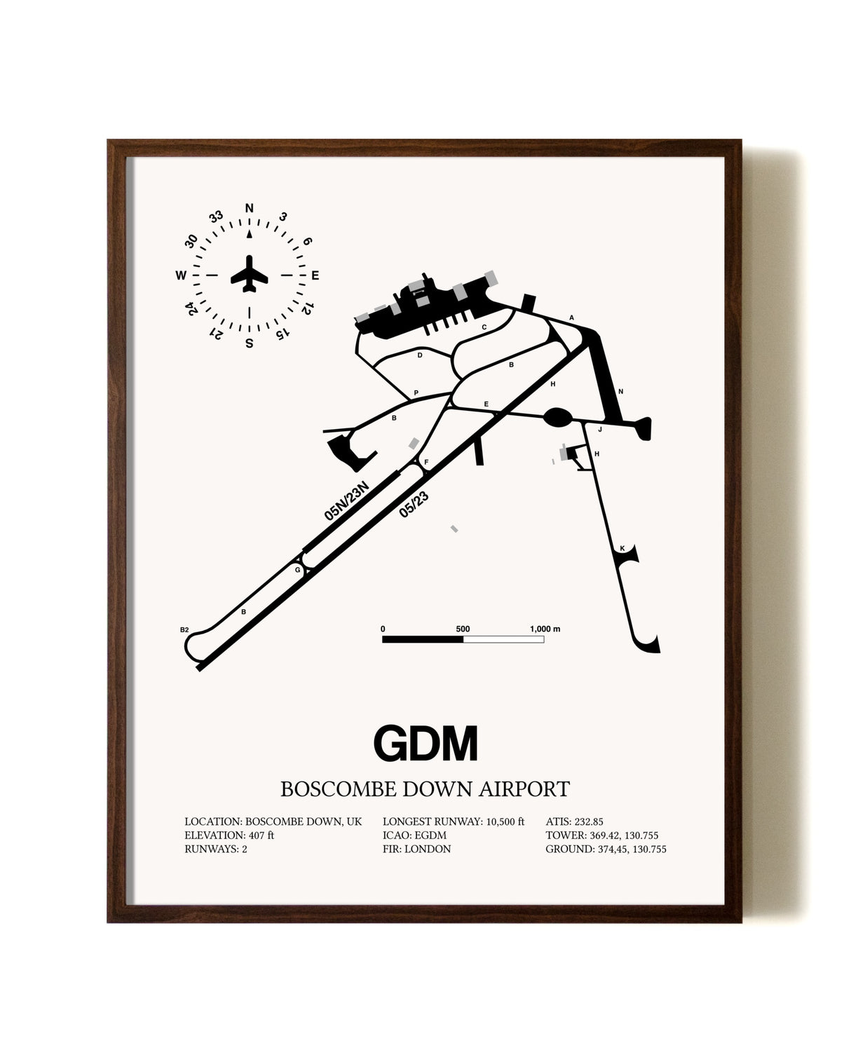 Boscombe Down Airport aviation print in walnut frame