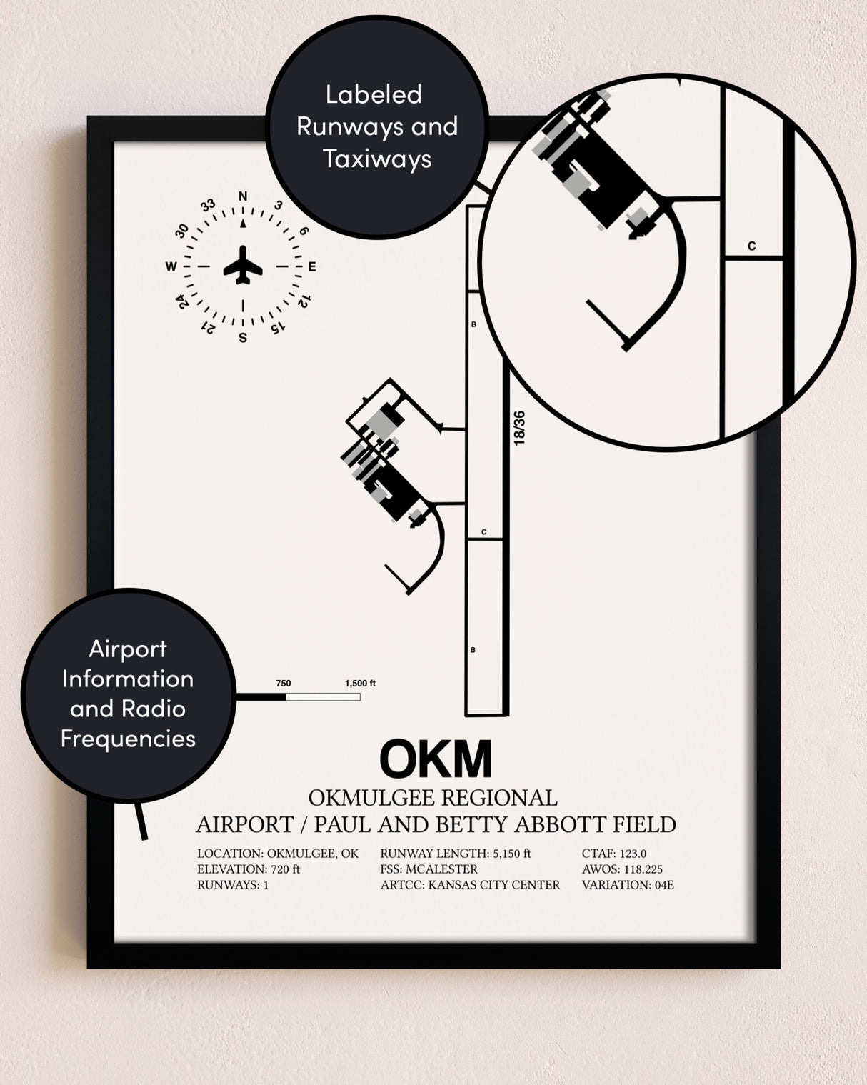 Framed Okmulgee Regional Airport / Paul And Betty Abbott Field layout wall art poster