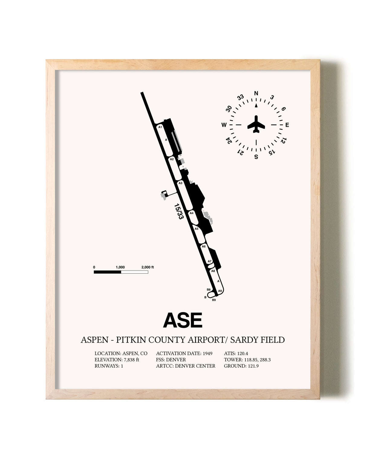 Aspen-Pitkin County Airport / Sardy Field framed wall art in white frame