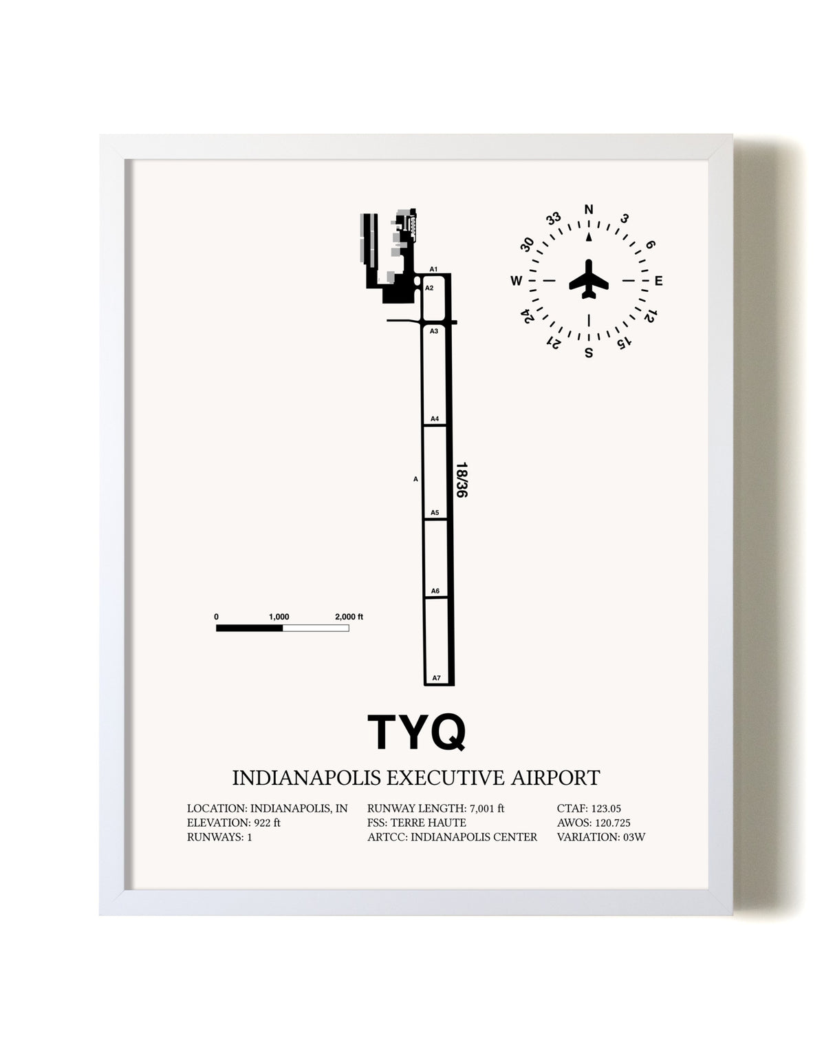 Indianapolis Executive Airport airport map poster in oak frame