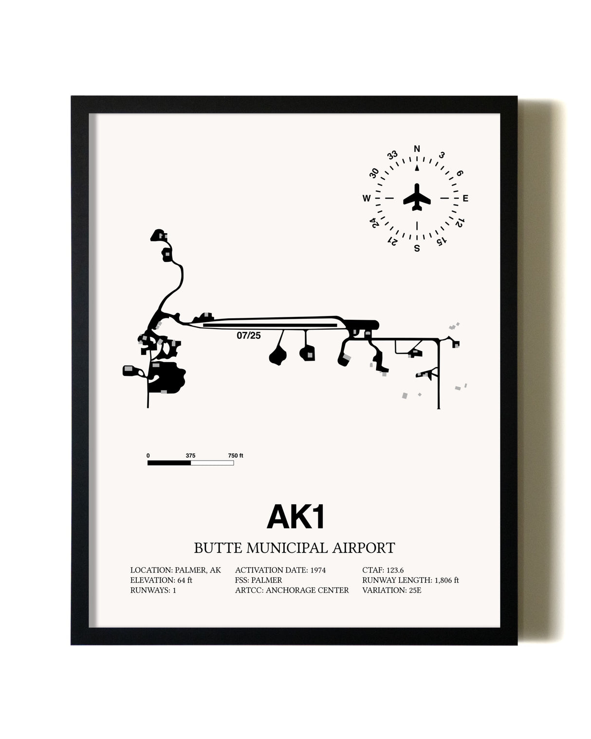 Framed Butte Municipal Airport wall art poster in black frame