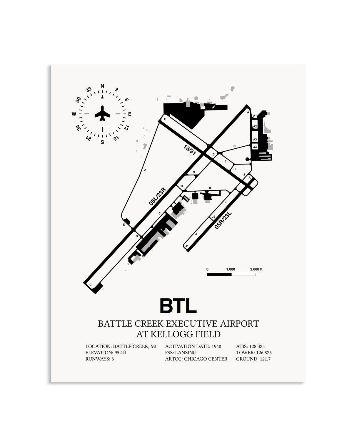 Gray Battle Creek Executive Airport At Kellogg Field framed poster displayed in an airplane hangar