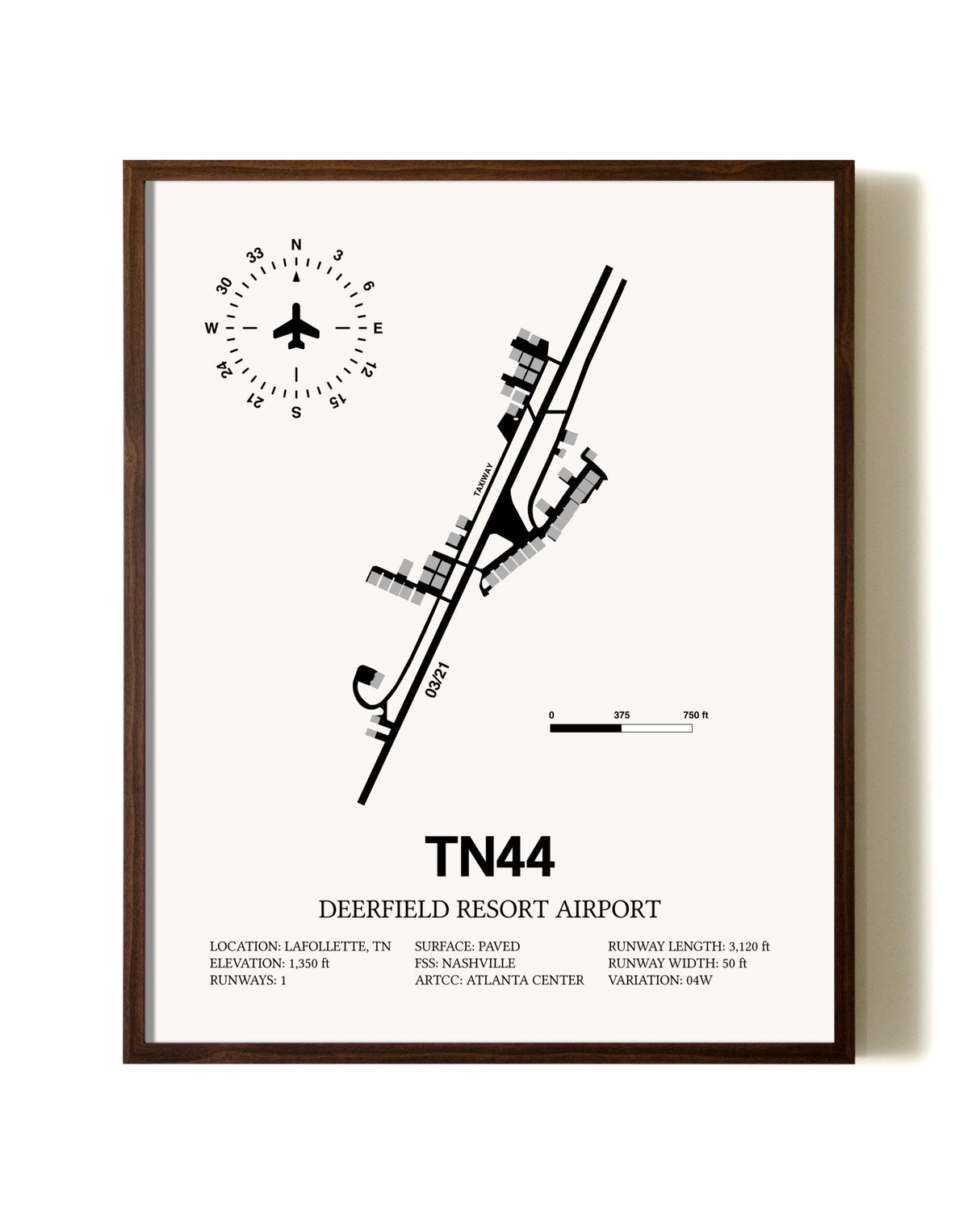 Deerfield Resort Airport aviation print in walnut frame