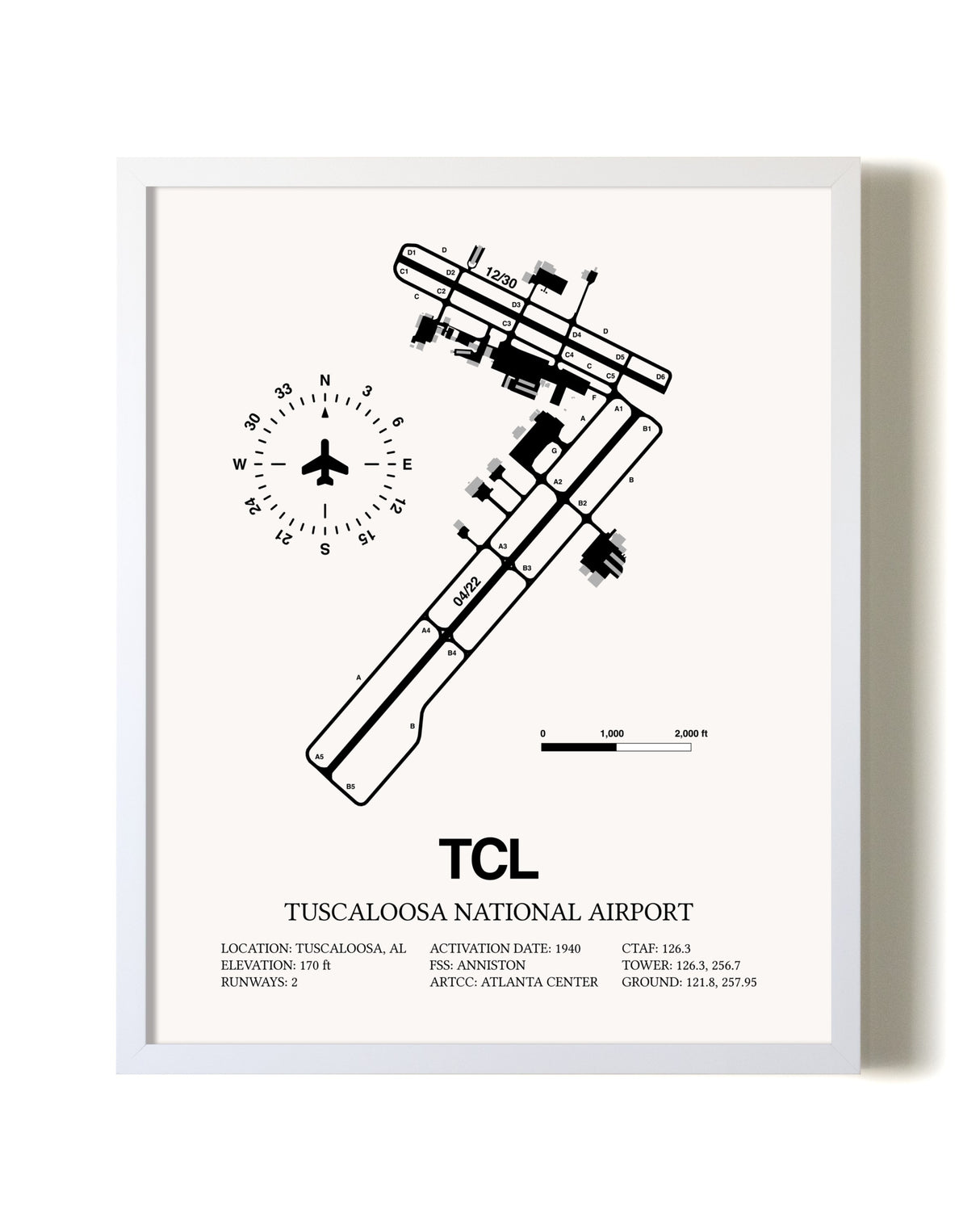 Tuscaloosa National Airport airport map poster in oak frame
