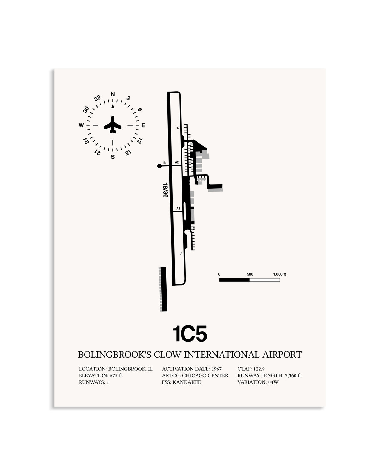 Gray Bolingbrook's Clow International Airport framed poster displayed in an airplane hangar