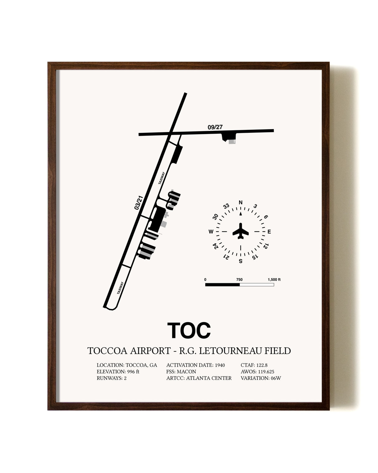 Toccoa Airport - R.G. Letourneau Field aviation print in walnut frame