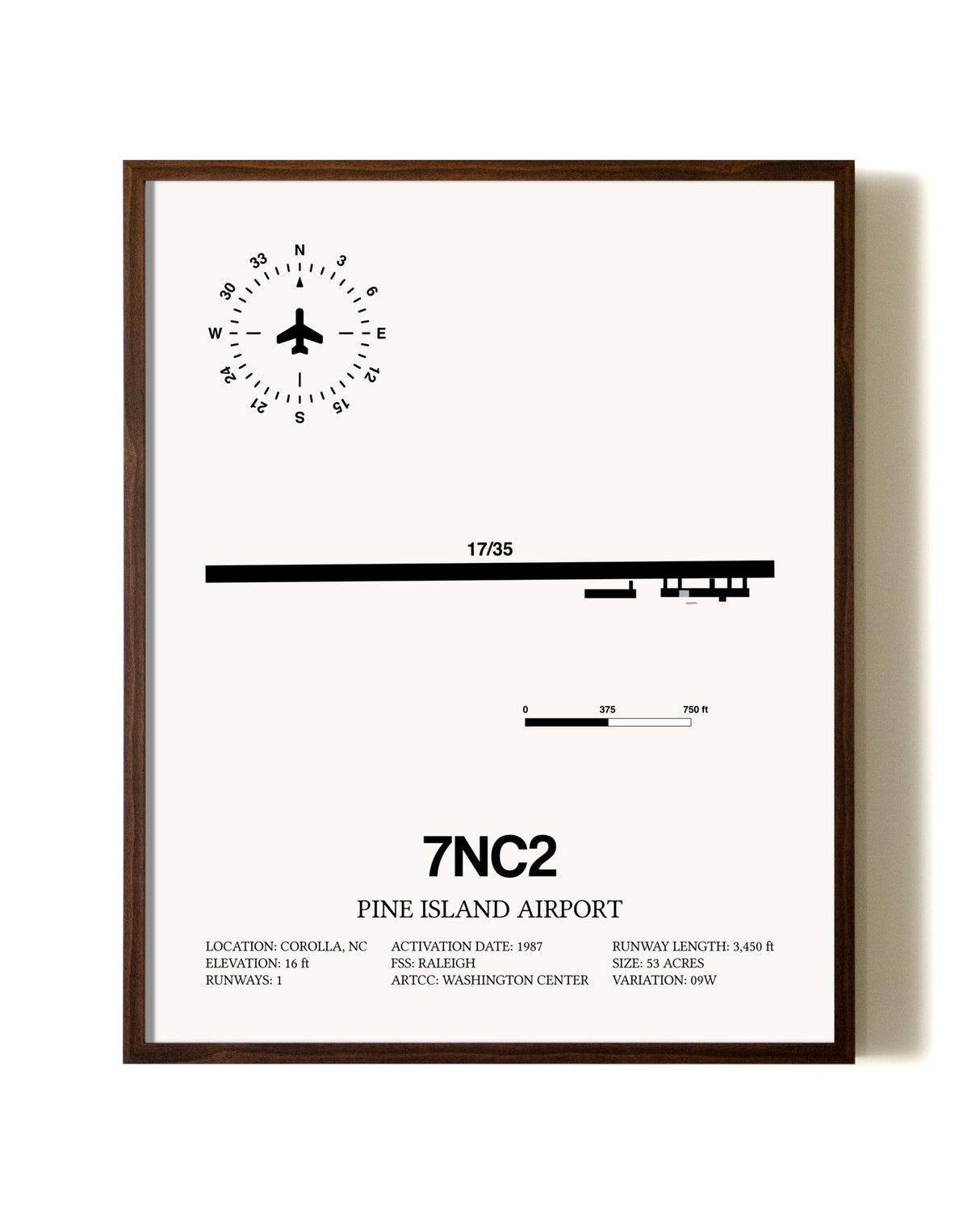 Pine Island Airport aviation print in walnut frame