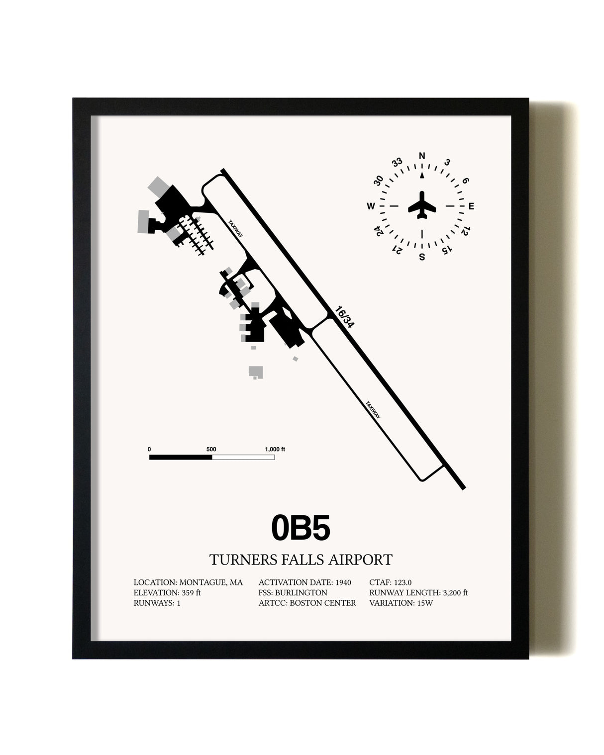 Framed Turners Falls Airport wall art poster in black frame