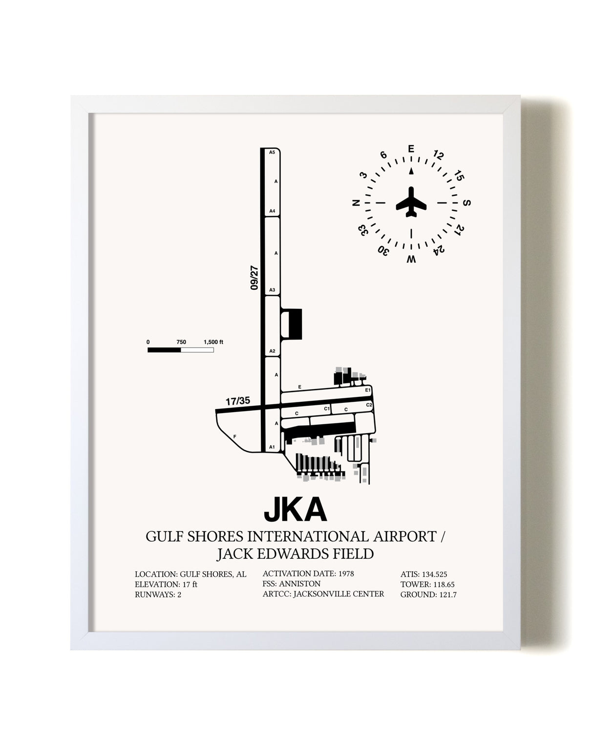 Gulf Shores International Airport / Jack Edwards Field airport map poster in oak frame