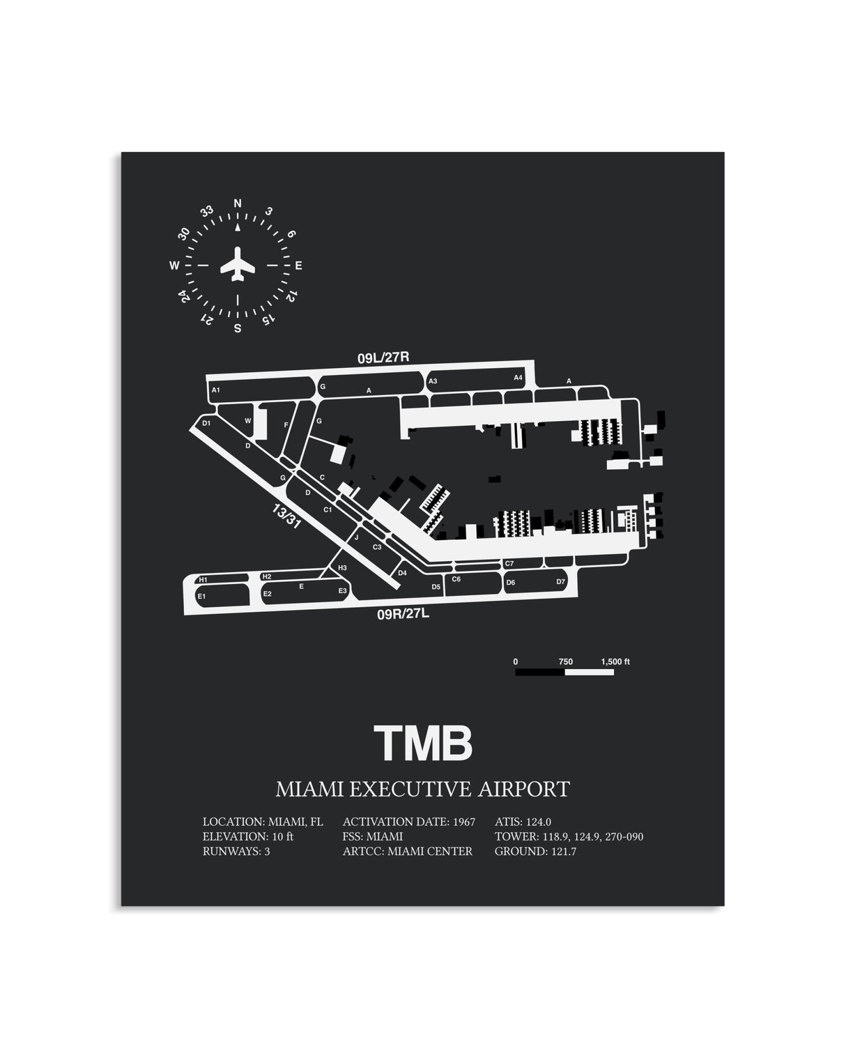 Gray Framed Miami Executive Airport layout wall art poster