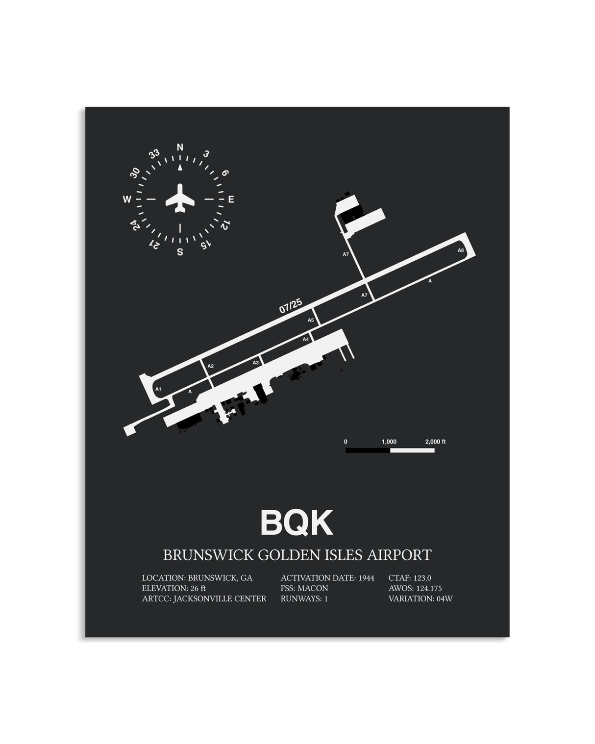 Gray Framed Brunswick Golden Isles Airport layout wall art poster