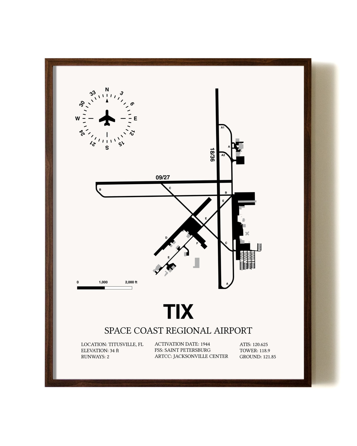 Space Coast Regional Airport aviation print in walnut frame