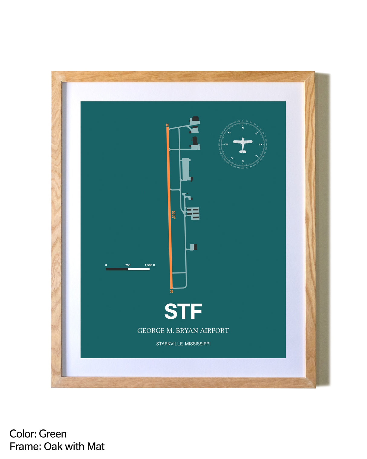 George M. Bryan Airport airport map poster in oak frame with mat