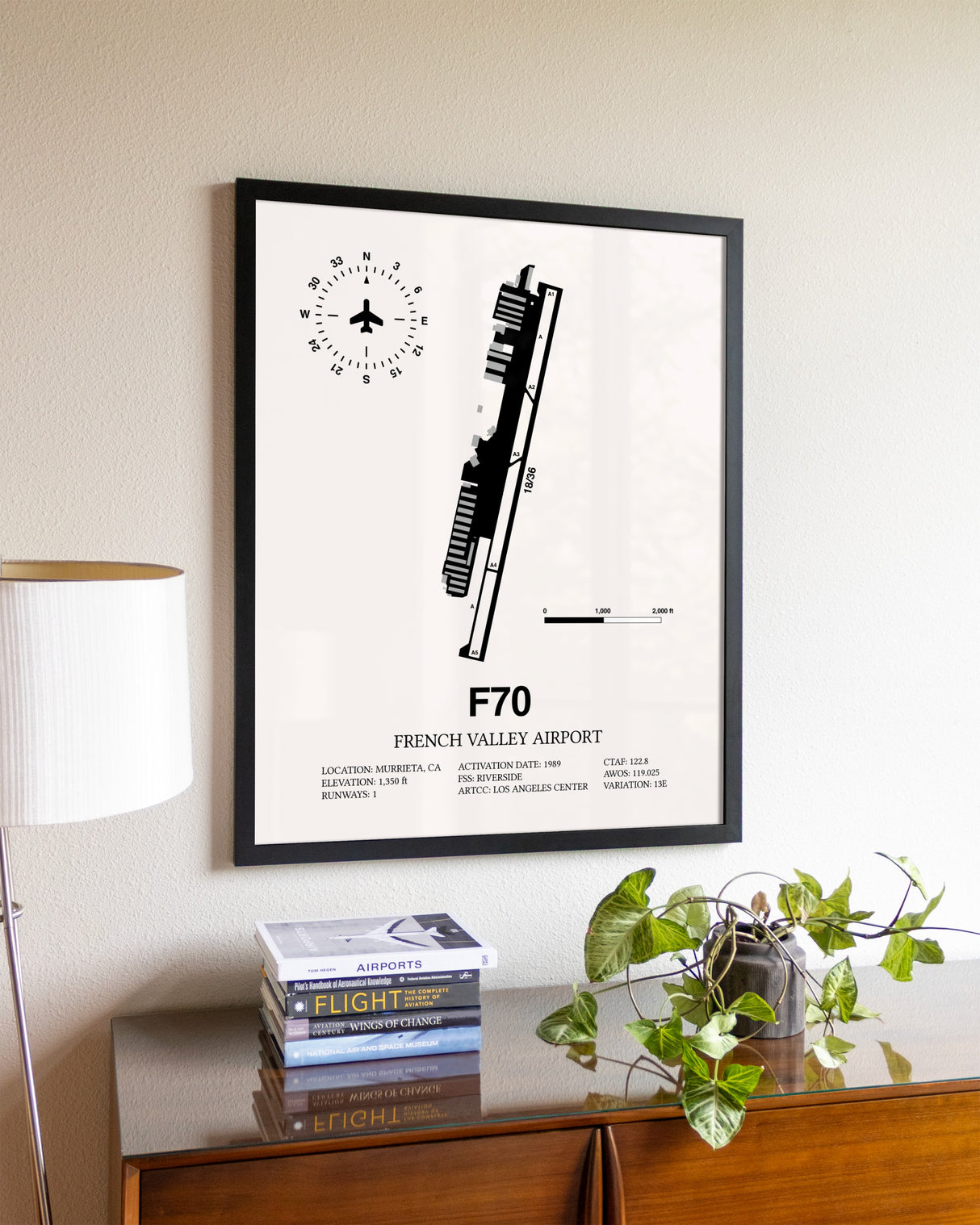 French Valley Airport aviation wall décor in black wood frame
