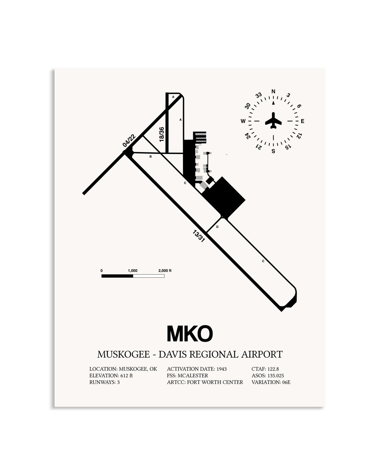 Gray Muskogee-Davis Regional Airport framed poster displayed in an airplane hangar