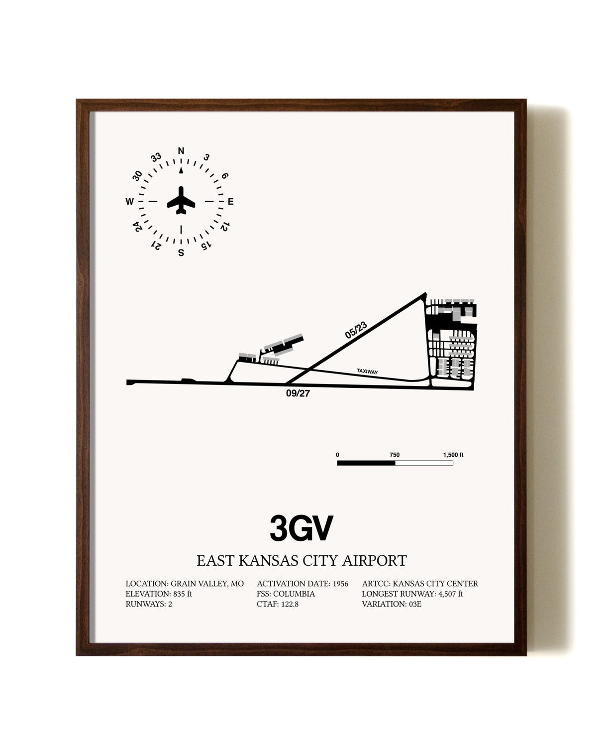 East Kansas City Airport aviation print in walnut frame