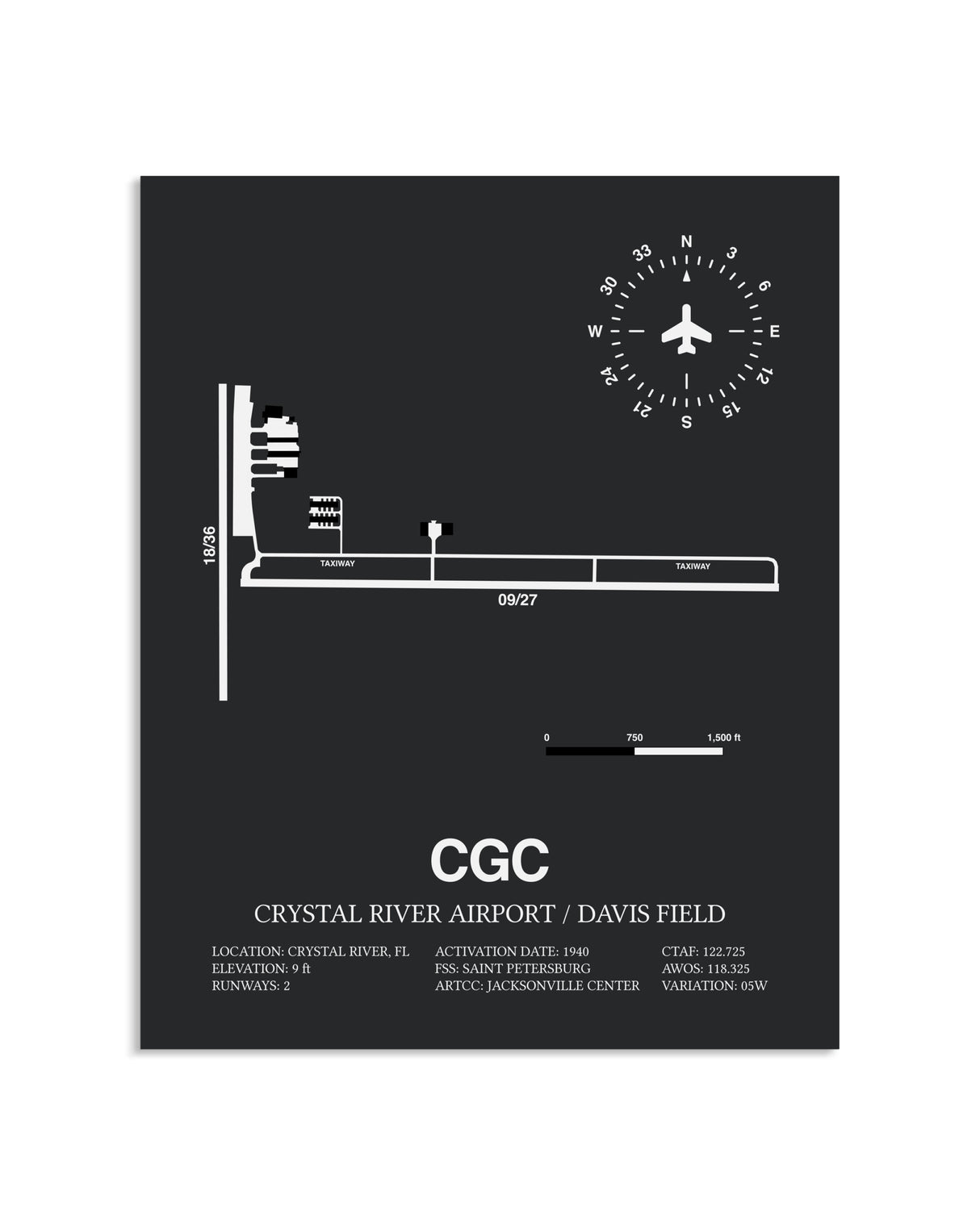 Gray Framed Crystal River Airport / Davis Field layout wall art poster