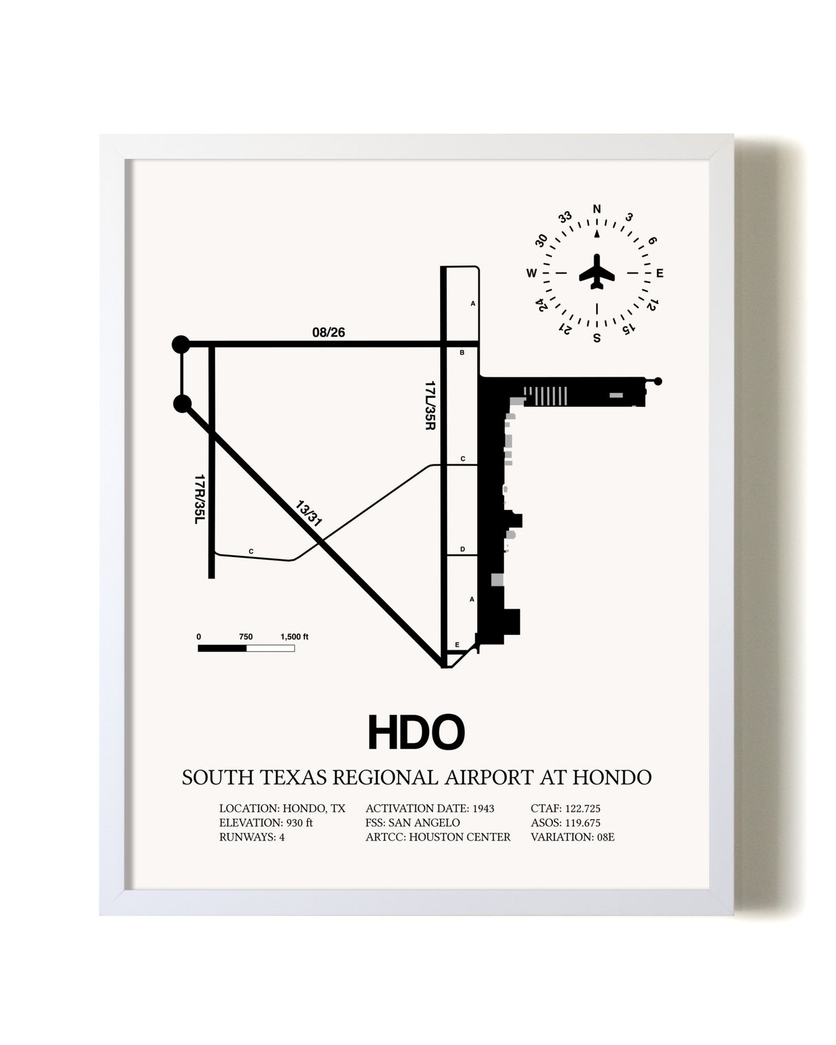 South Texas Regional Airport At Hondo airport map poster in oak frame