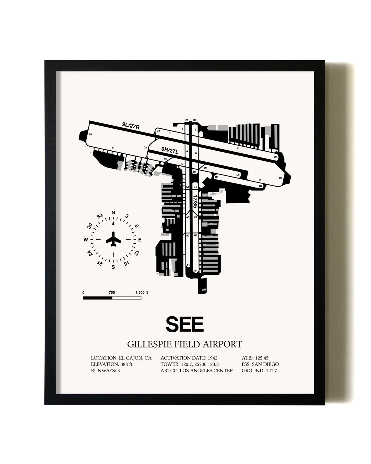 Framed Gillespie Field Airport wall art poster in black frame