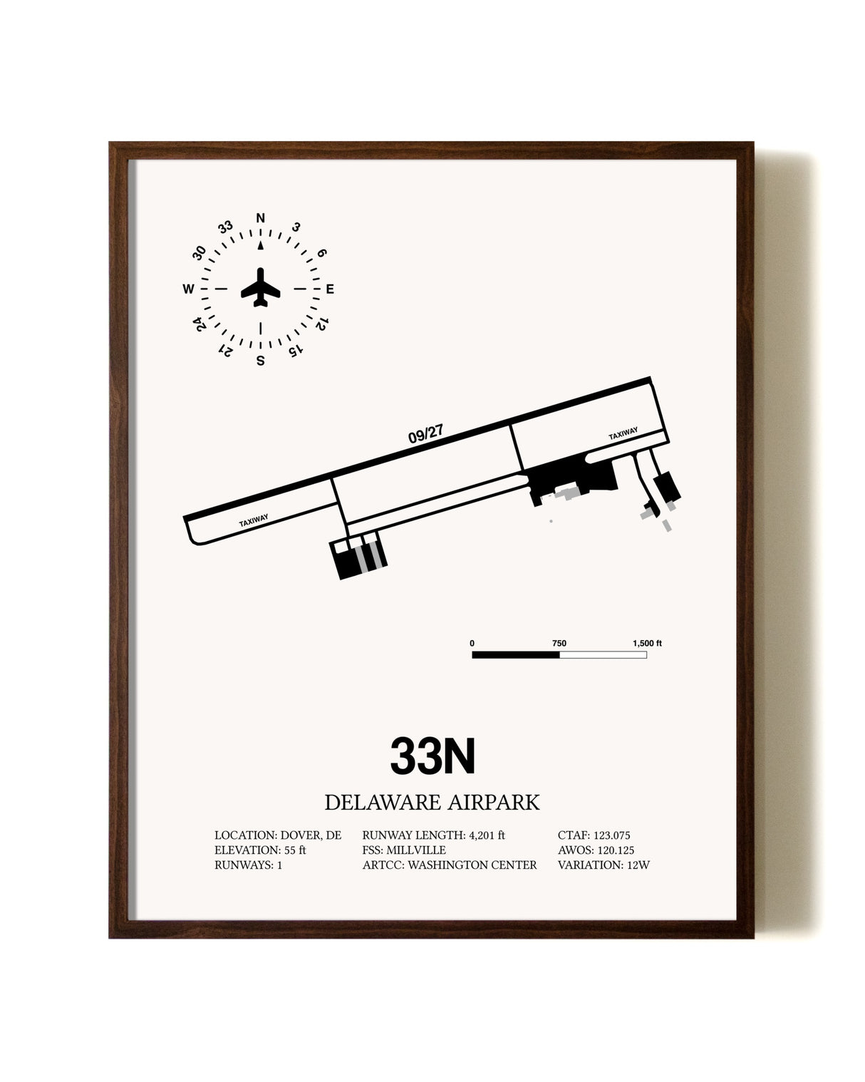 Delaware Airpark aviation print in walnut frame