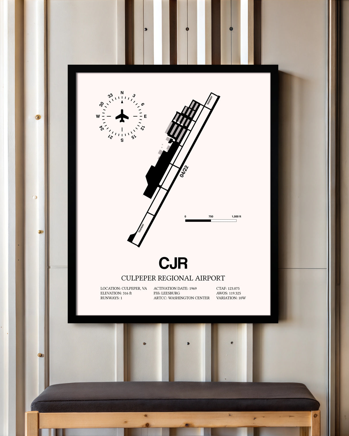 Culpeper Regional Airport framed poster displayed in an airplane hangar