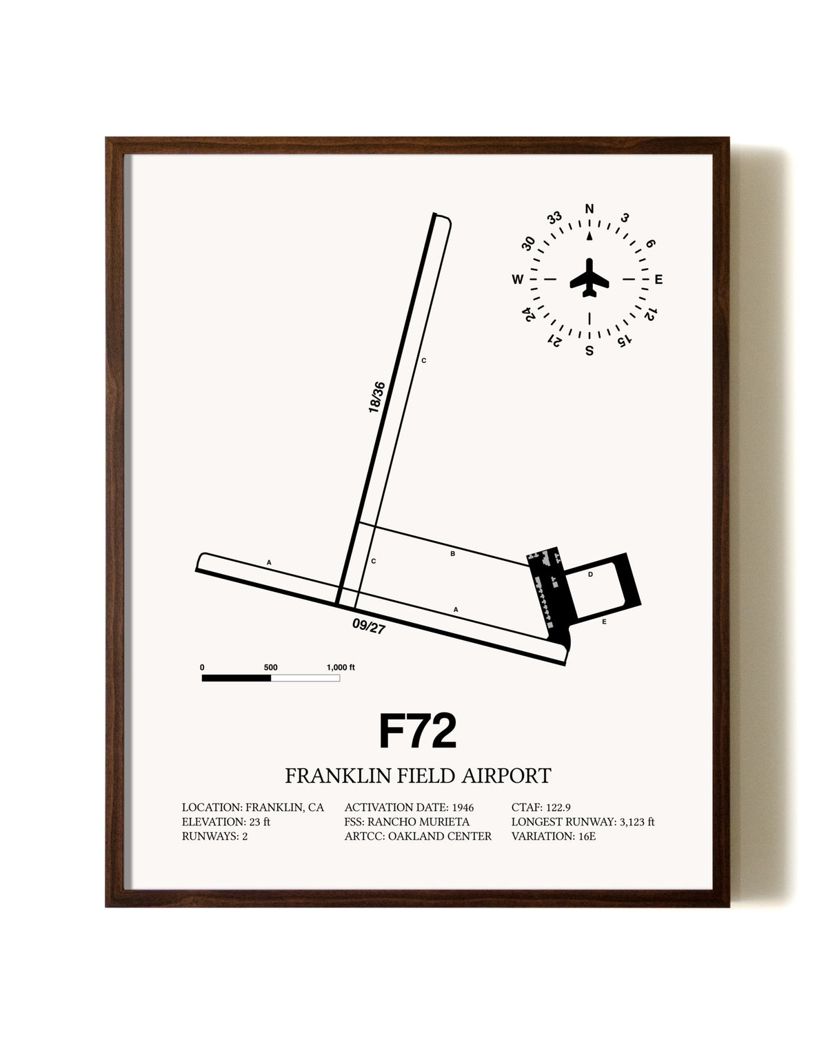 Franklin Field Airport aviation print in walnut frame
