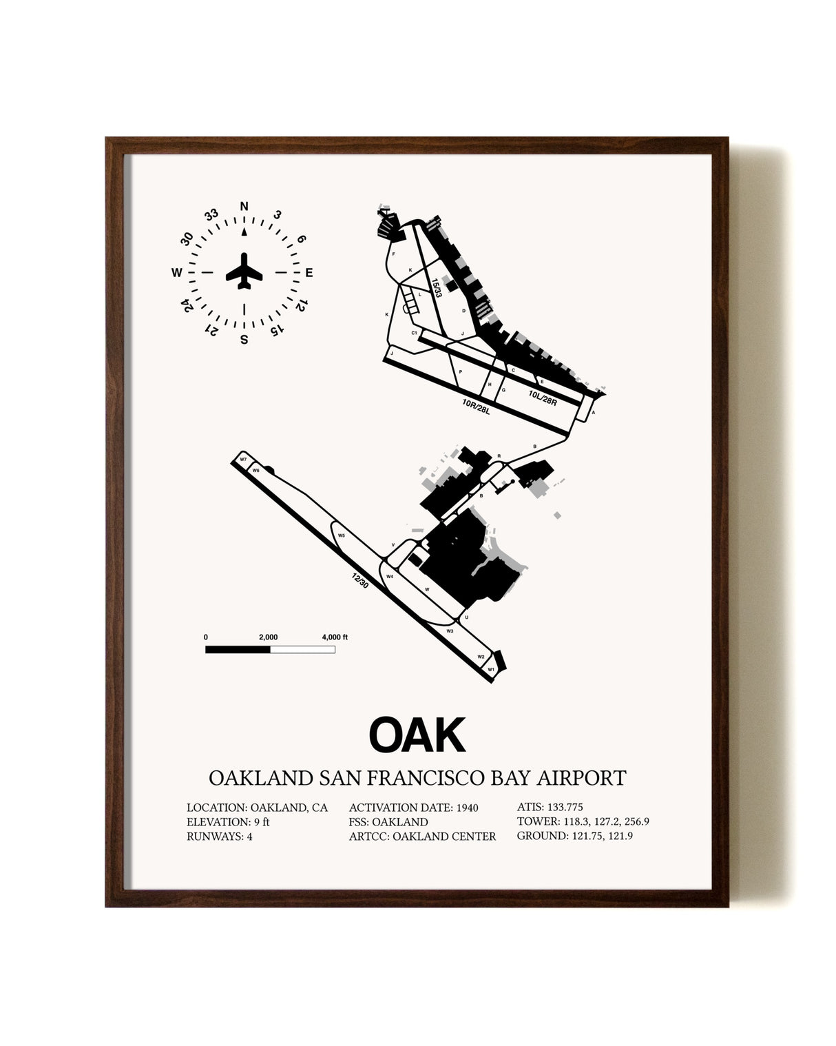 San Francisco Bay Oakland International Airport aviation print in walnut frame