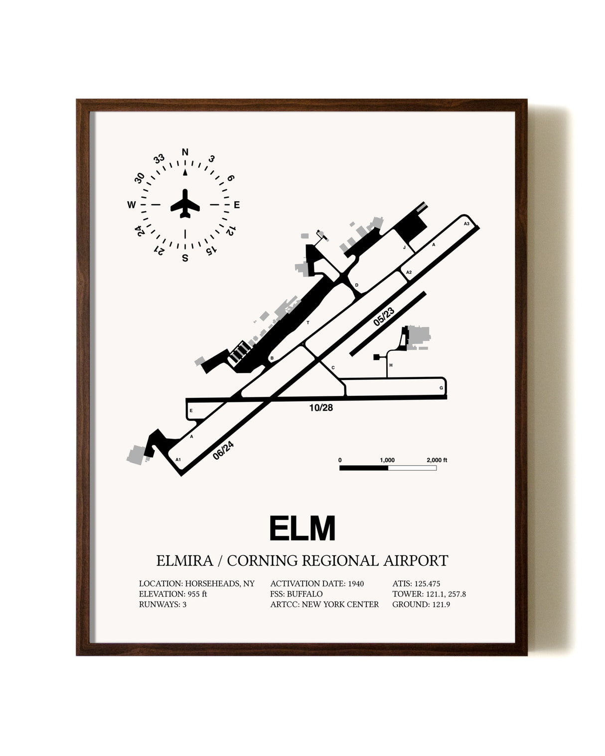 Elmira / Corning Regional Airport aviation print in walnut frame