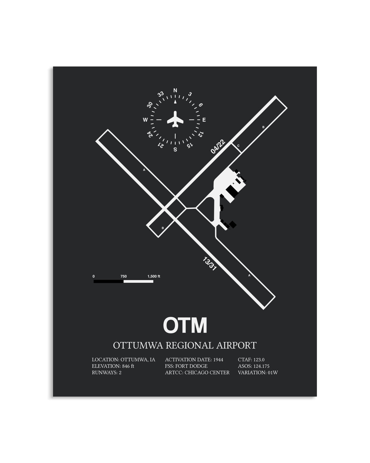 Gray Framed Ottumwa Regional Airport layout wall art poster