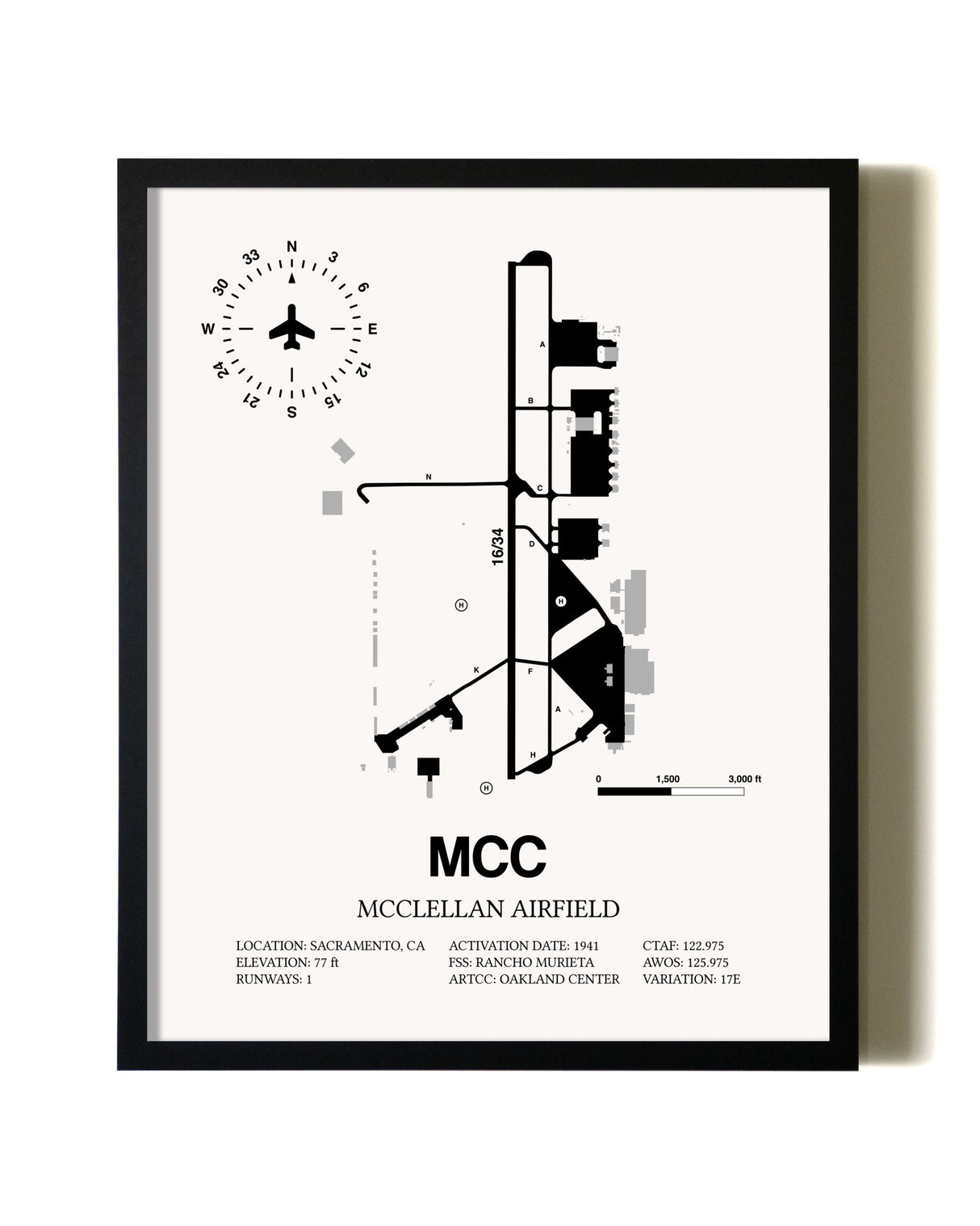 Framed McClellan Airfield wall art poster in black frame