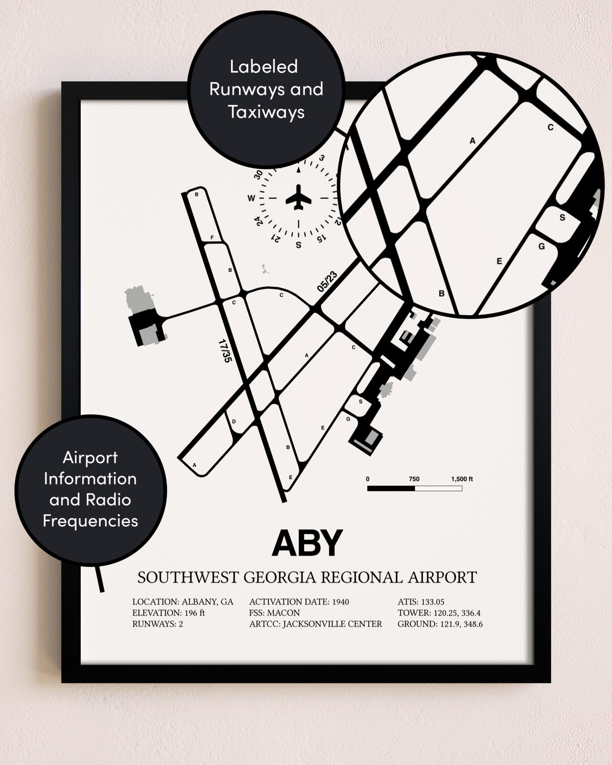 Framed Southwest Georgia Regional Airport layout wall art poster