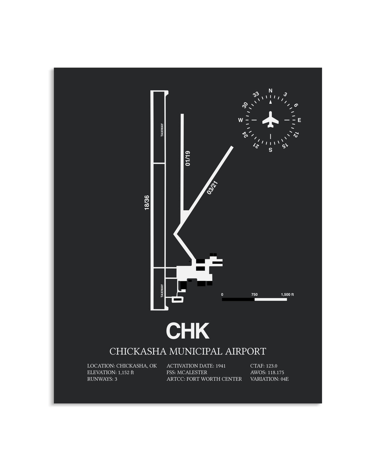 Gray Framed Chickasha Municipal Airport layout wall art poster