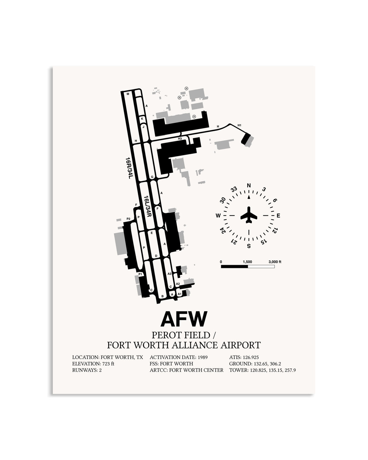 Gray Perot Field / Fort Worth Alliance Airport framed poster displayed in an airplane hangar