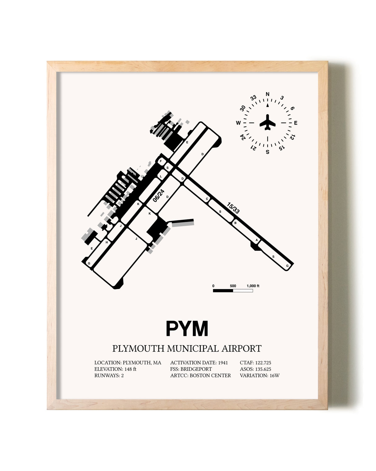 Plymouth Municipal Airport framed wall art in white frame