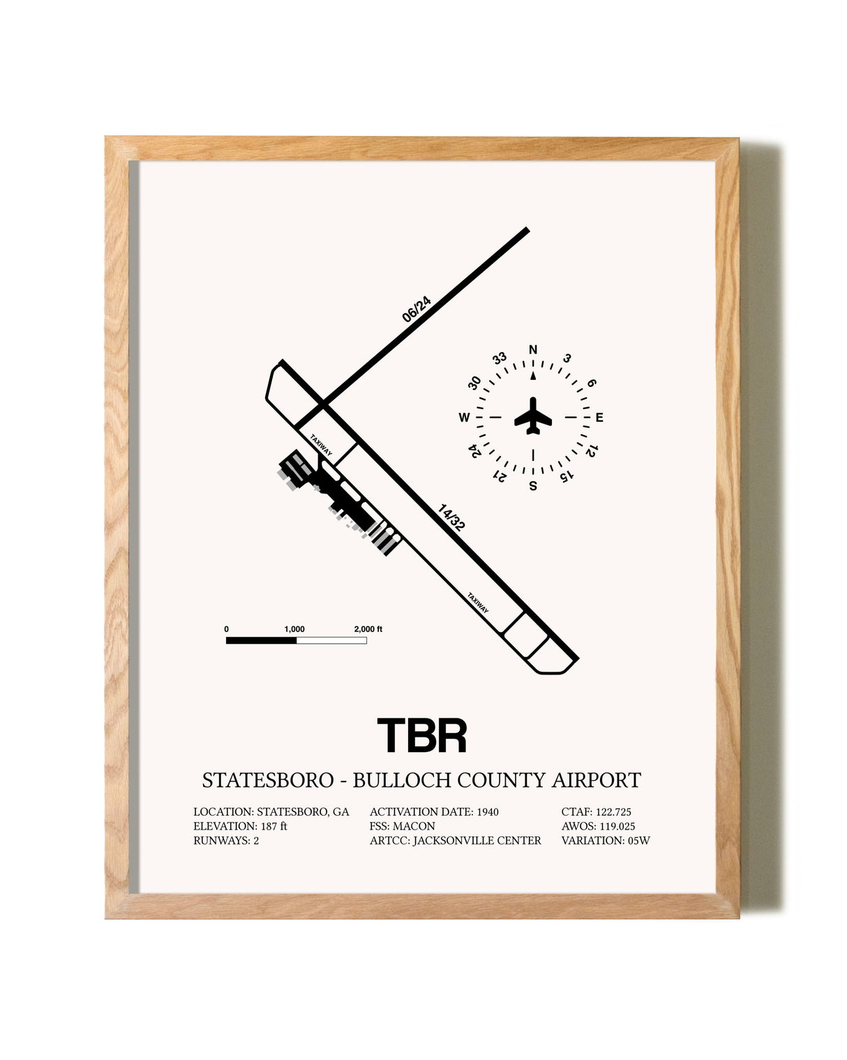 Statesboro-Bulloch County Airport framed print in natural wood frame