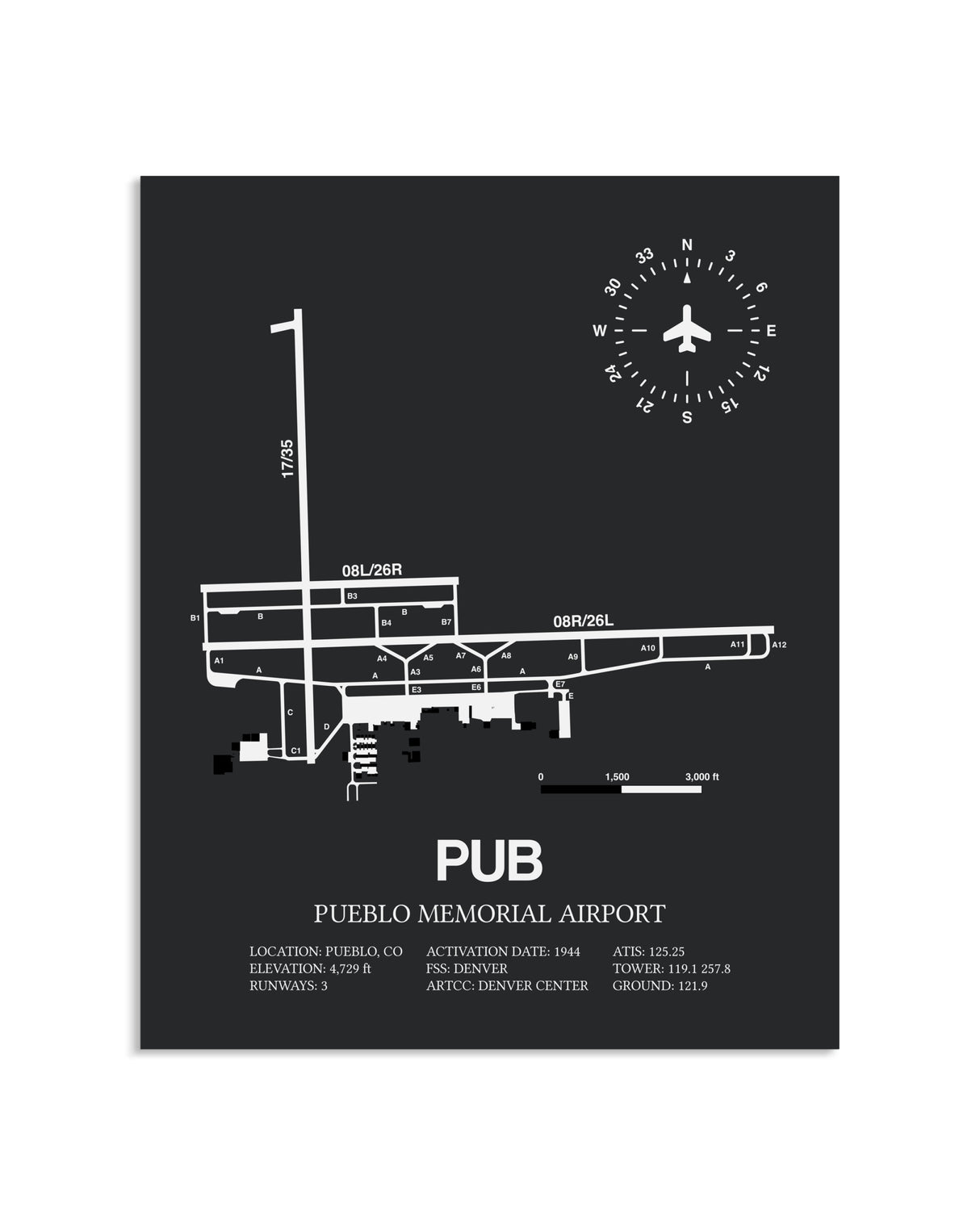 Gray Framed Pueblo Memorial Airport layout wall art poster