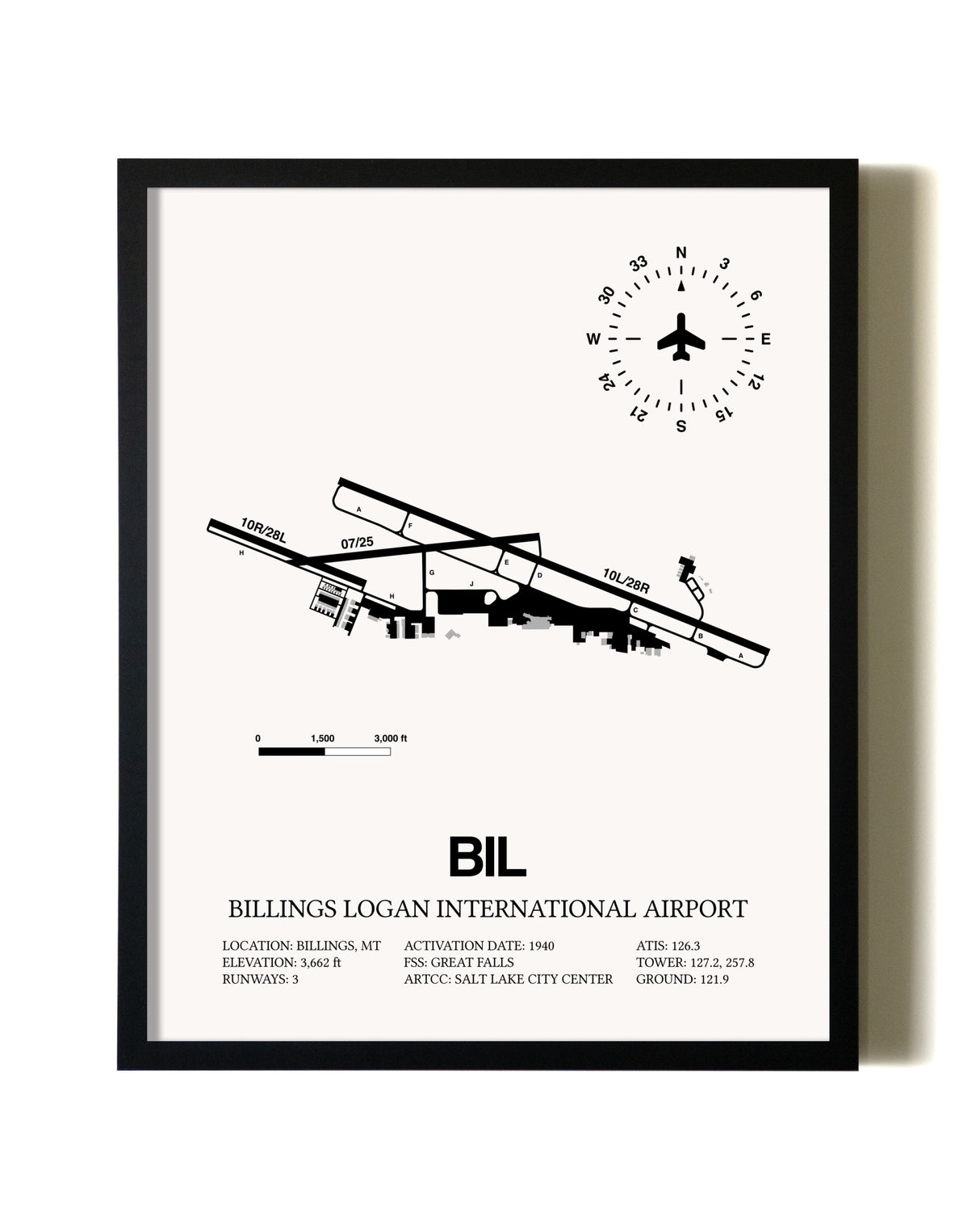 Framed Billings Logan International Airport wall art poster in black frame