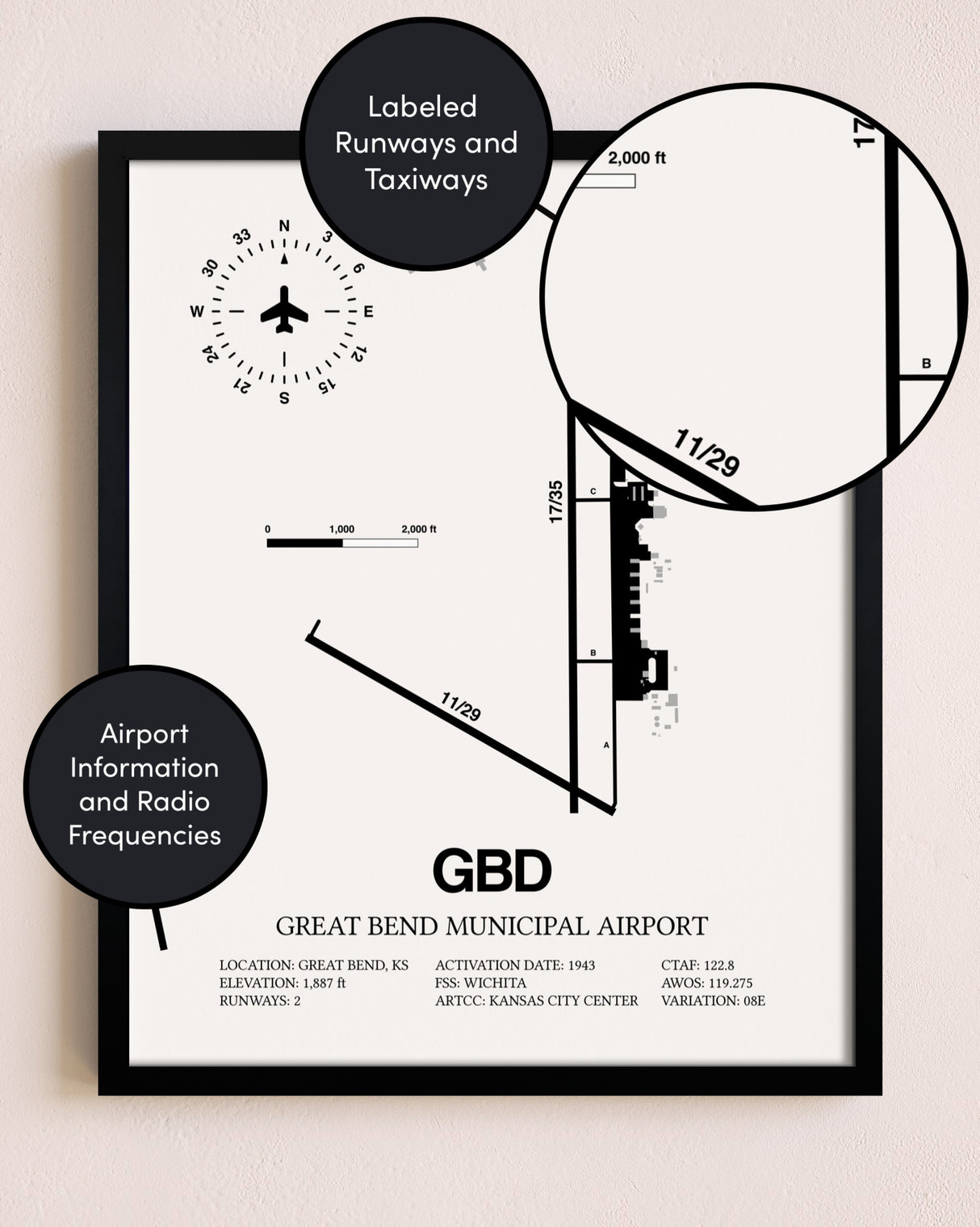 Framed Great Bend Municipal Airport layout wall art poster