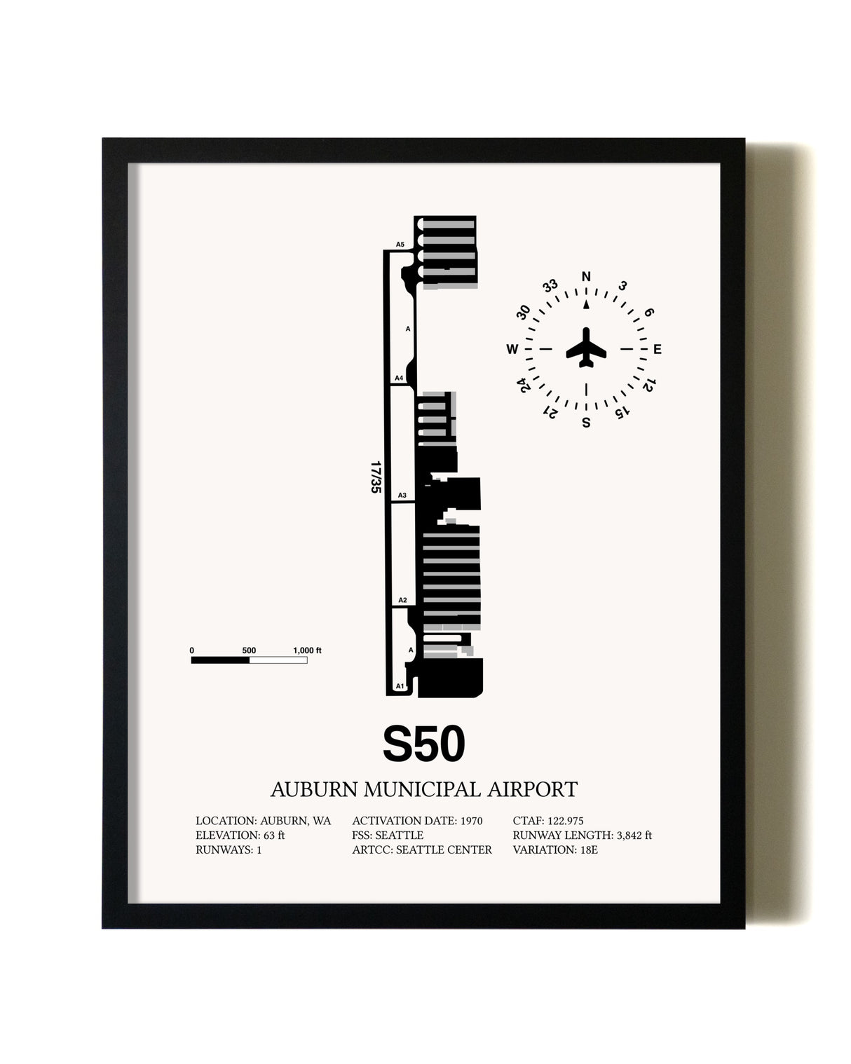 Framed Auburn Municipal Airport wall art poster in black frame