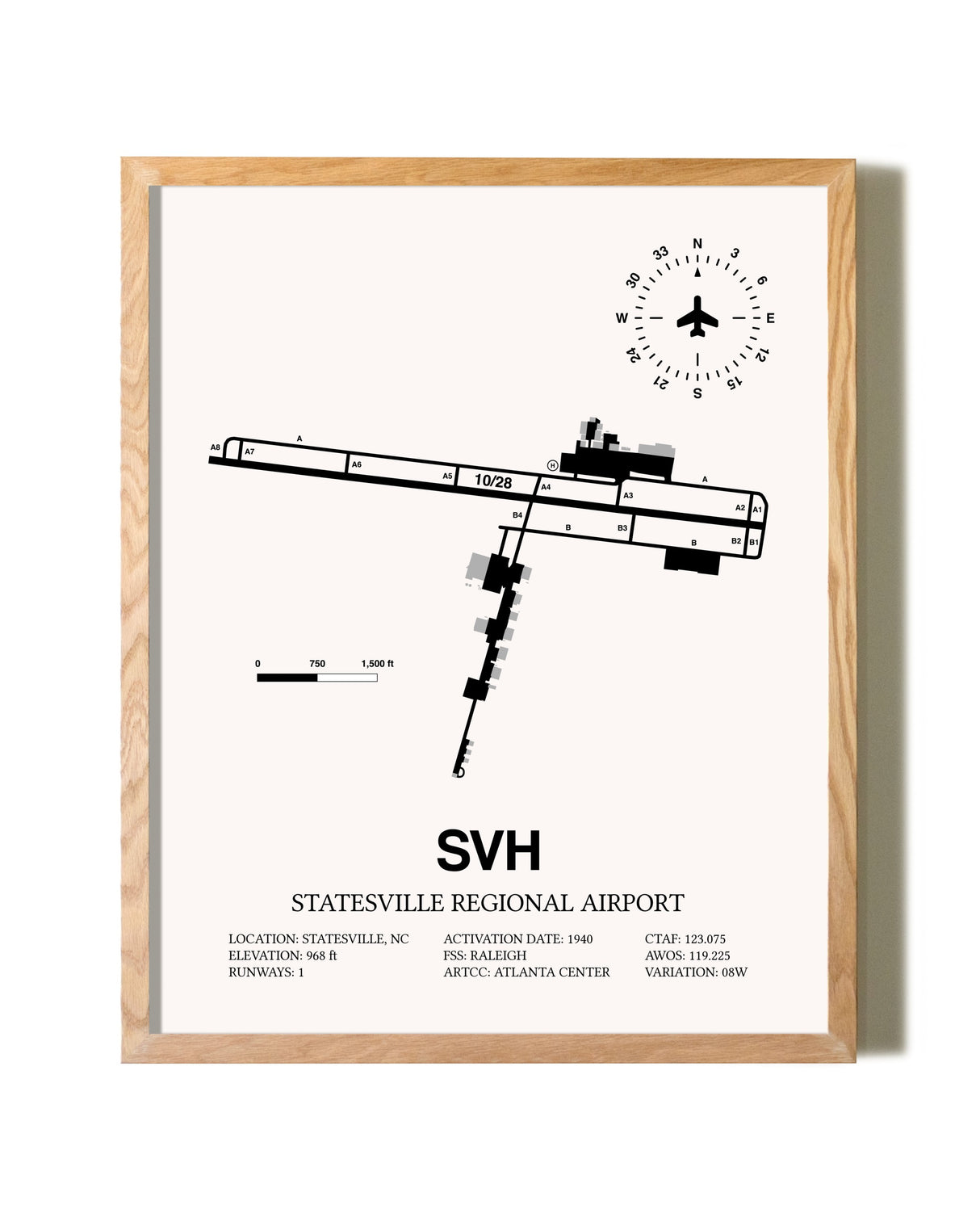 Statesville Regional Airport framed print in natural wood frame