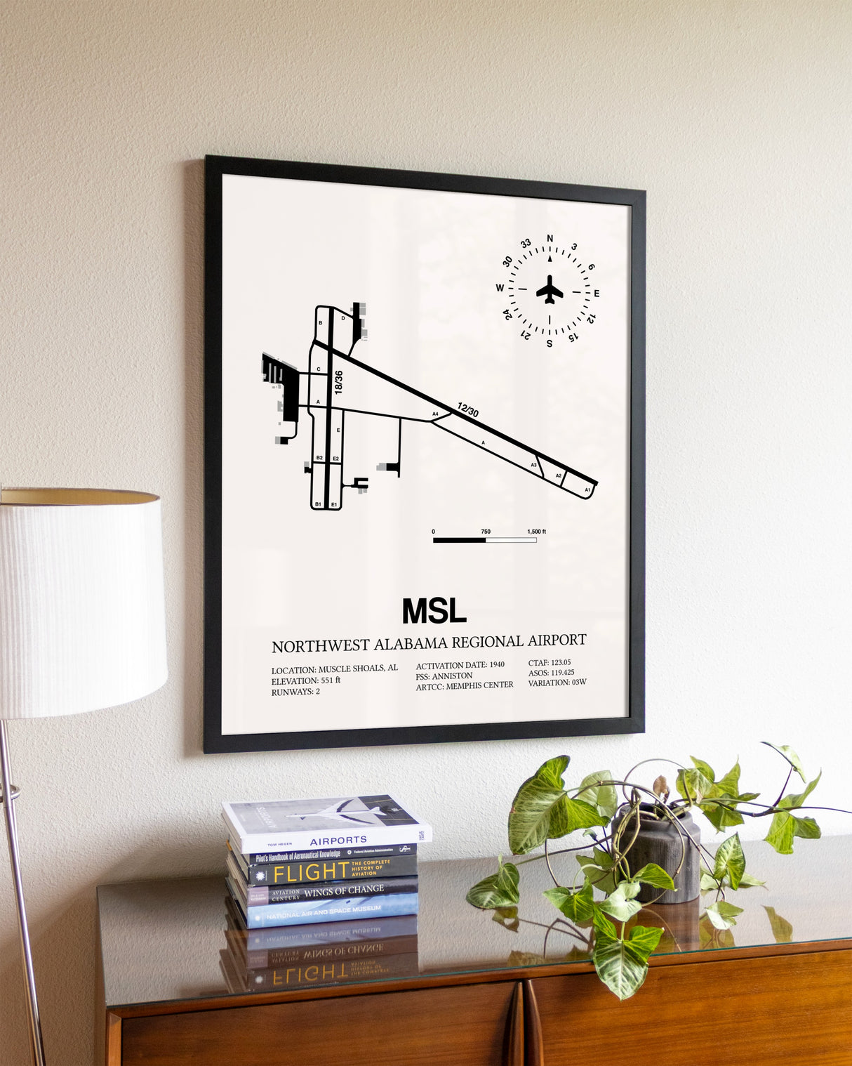 Northwest Alabama Regional Airport aviation wall décor in black wood frame