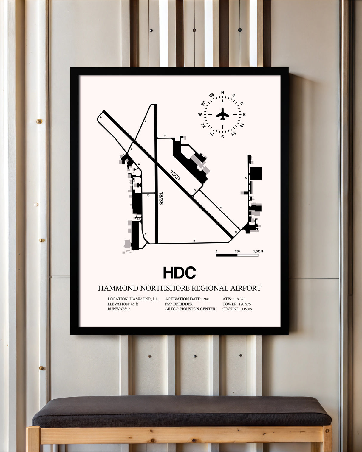 Hammond Northshore Regional Airport framed poster displayed in an airplane hangar