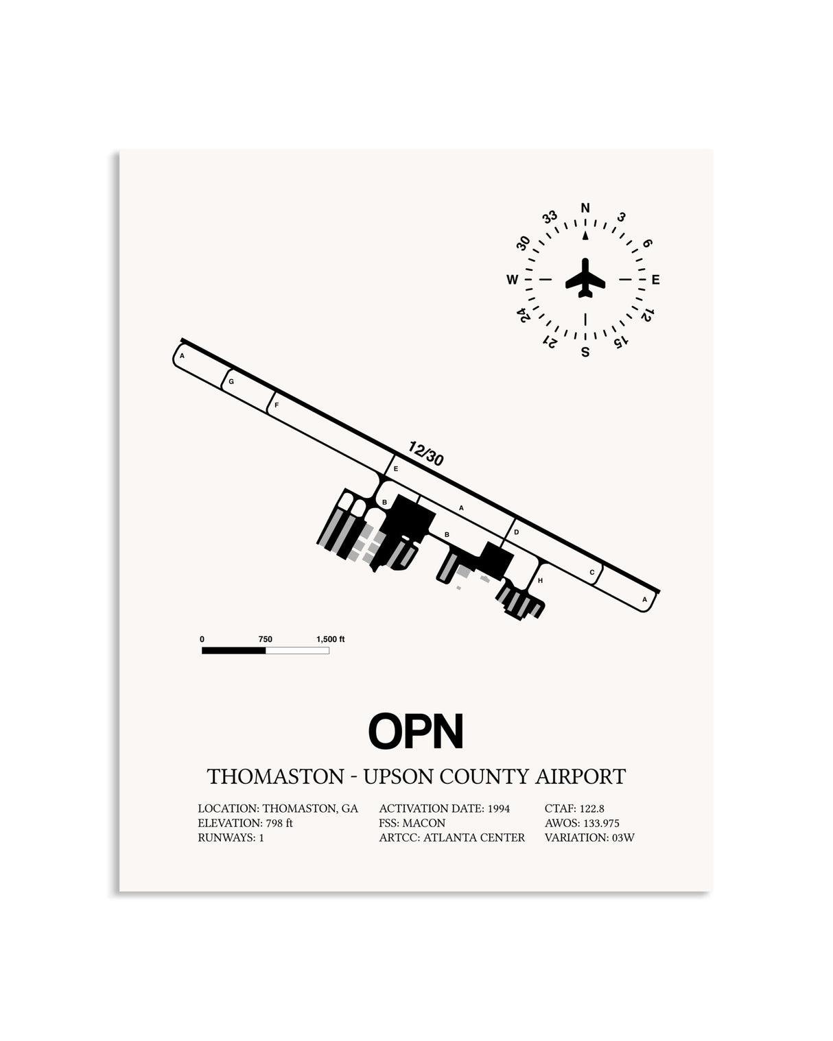 Gray Thomaston-Upson County Airport framed poster displayed in an airplane hangar
