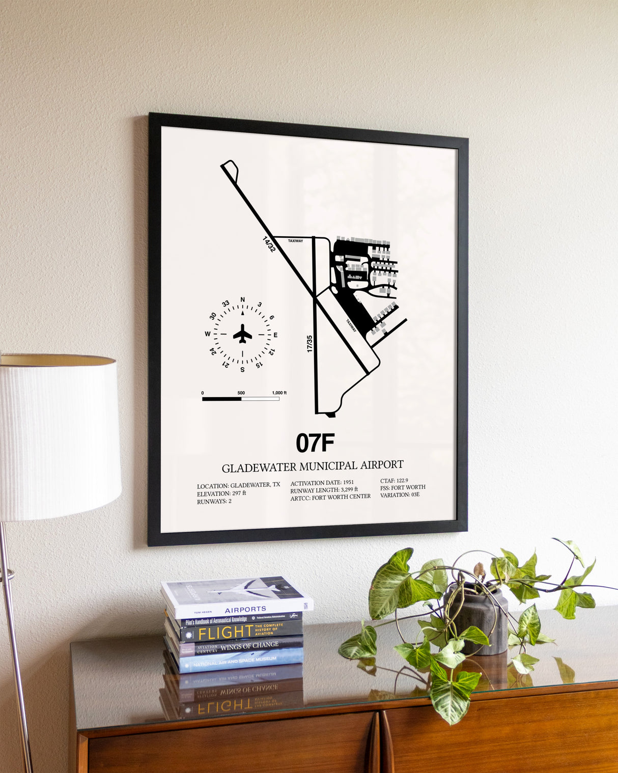 Gladewater Municipal Airport aviation wall décor in black wood frame