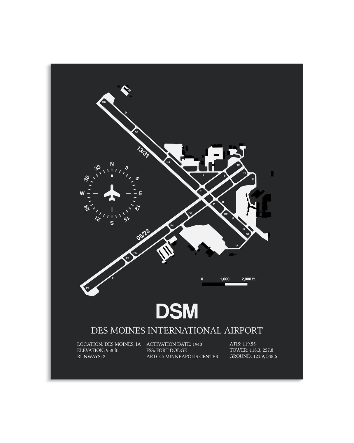 Gray Framed Des Moines International Airport layout wall art poster