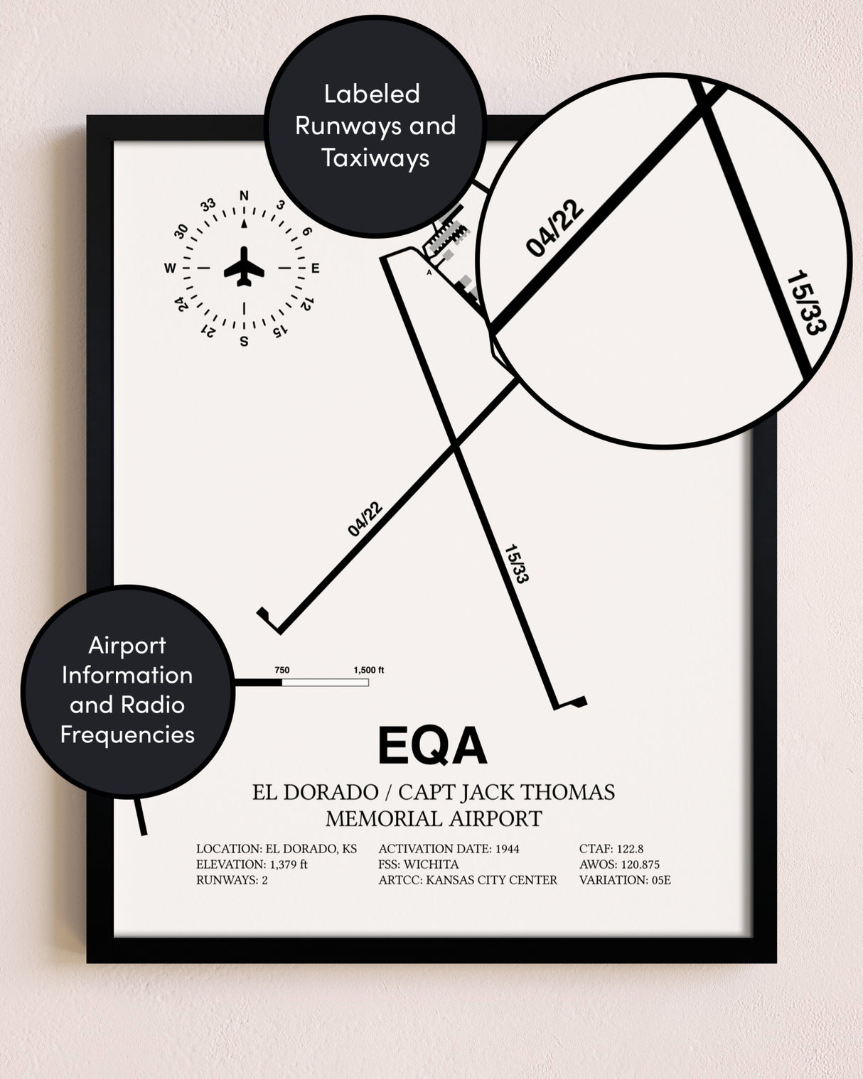 Framed El Dorado / Captain Jack Thomas Memorial Airport layout wall art poster