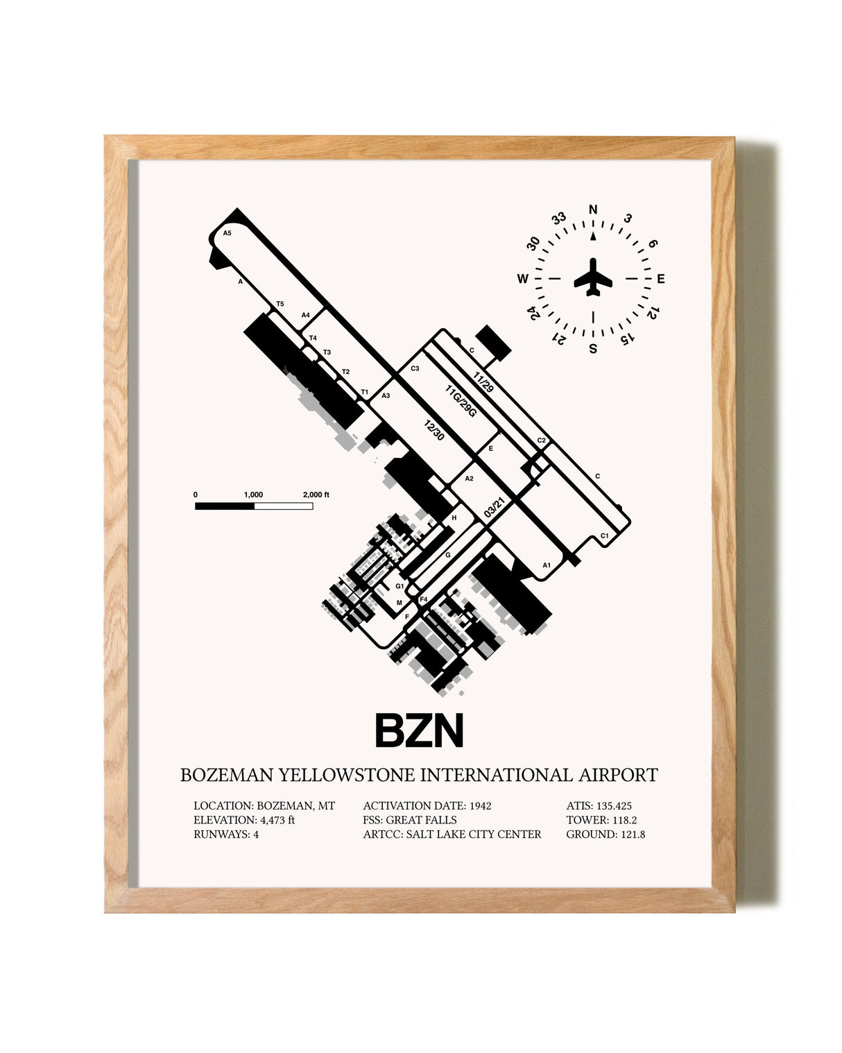 Bozeman Yellowstone International Airport framed print in natural wood frame