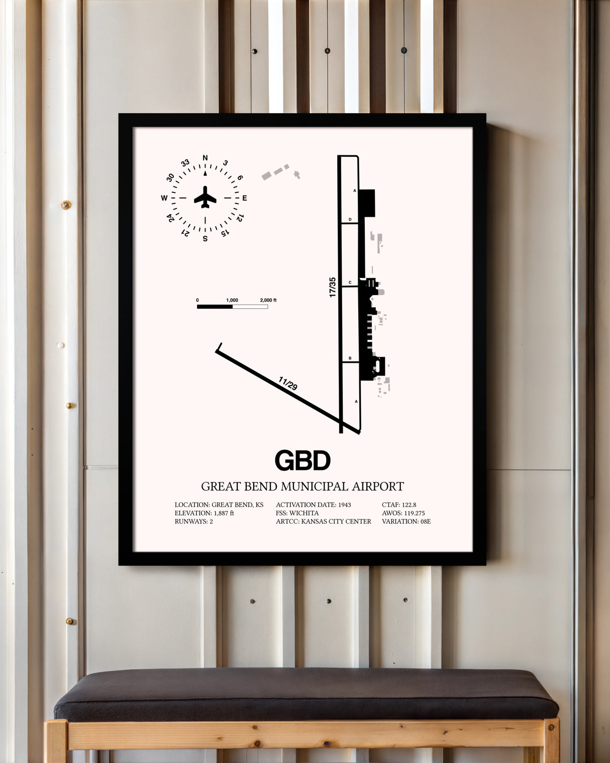 Great Bend Municipal Airport framed poster displayed in an airplane hangar
