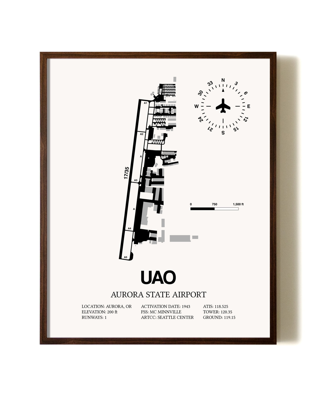Aurora State Airport aviation print in walnut frame